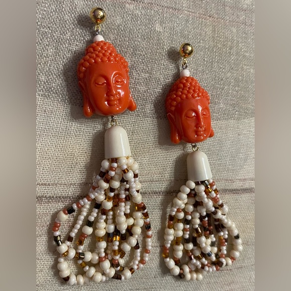 Buddha head earrings seed bead ivory orange red dangle bohemian zen long artisan - Picture 3 of 3